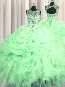Scoop See Through Apple Green Lace Up Quinceanera Gowns Beading and Ruffles and Pick Ups Sleeveless Floor Length