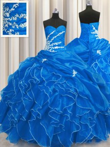 Ideal Floor Length Blue Quinceanera Gowns Organza Sleeveless Beading and Appliques and Ruffles