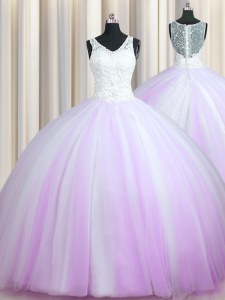 Edgy Zipper Up With Train Lilac Vestidos de Quinceanera Tulle Brush Train Sleeveless Beading