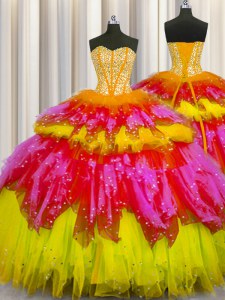 Fantastic Bling-bling Visible Boning Floor Length Multi-color Quinceanera Dress Tulle Sleeveless Beading and Ruffles and Ruffled Layers and Sequins