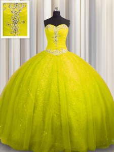 Sweetheart Sleeveless Vestidos de Quinceanera Court Train Beading and Appliques Yellow Tulle and Sequined