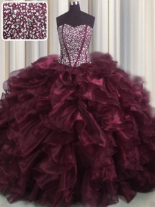 Glorious Visible Boning Bling-bling Sleeveless With Train Beading and Ruffles Lace Up Quince Ball Gowns with Burgundy Brush Train