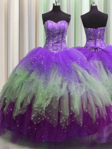 Visible Boning Sleeveless Floor Length Beading and Ruffles and Sequins Lace Up Sweet 16 Dresses with Multi-color