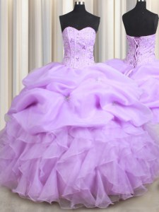 Fantastic Visible Boning Lilac Ball Gowns Beading and Ruffles and Pick Ups Sweet 16 Quinceanera Dress Lace Up Organza Sleeveless Floor Length