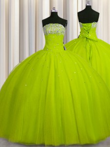 New Style Big Puffy Yellow Green Ball Gowns Strapless Sleeveless Organza Floor Length Lace Up Beading and Sequins Quinceanera Dress