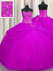 Fuchsia Tulle Lace Up Sweetheart Sleeveless Floor Length Quinceanera Gown Beading