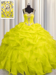 Amazing See Through Zipper Up Yellow Sleeveless Organza Zipper 15th Birthday Dress for Military Ball and Sweet 16 and Quinceanera