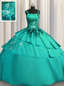 Turquoise Satin Lace Up Spaghetti Straps Sleeveless Floor Length Ball Gown Prom Dress Beading and Embroidery