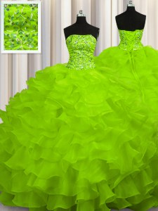 Suitable Sweep Train Ball Gowns Beading and Ruffles Sweet 16 Dresses Lace Up Organza Sleeveless