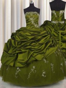 Shining Embroidery Olive Green Ball Gowns Taffeta Strapless Sleeveless Beading and Appliques and Pick Ups Floor Length Lace Up Quinceanera Dress