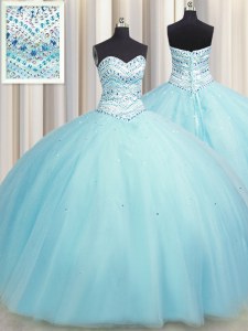 Extravagant Bling-bling Big Puffy Ball Gowns Ball Gown Prom Dress Aqua Blue Sweetheart Tulle Sleeveless Floor Length Lace Up