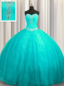 Affordable Sequined Lace Up Vestidos de Quinceanera Aqua Blue for Military Ball and Sweet 16 and Quinceanera with Beading and Appliques Court Train