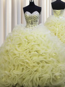 Extravagant Rolling Flowers Brush Train Floor Length Ball Gowns Sleeveless Light Yellow Sweet 16 Quinceanera Dress Lace Up