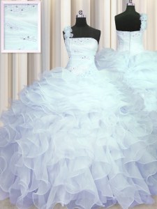 Sweet Light Blue Vestidos de Quinceanera Military Ball and Sweet 16 and Quinceanera and For with Beading and Ruffles One Shoulder Sleeveless Zipper