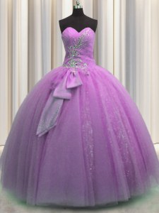 Captivating Sequins Bowknot Ball Gowns Sweet 16 Dress Lilac Sweetheart Tulle Sleeveless Floor Length Lace Up