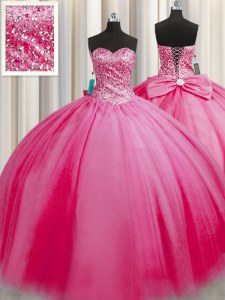 Big Puffy Sleeveless Floor Length Beading Lace Up Quinceanera Gowns with Rose Pink