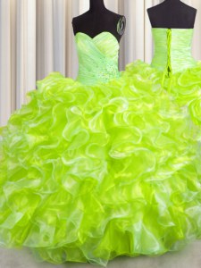 Sweetheart Sleeveless Sweet 16 Dress Floor Length Beading and Ruffles Yellow Green Organza