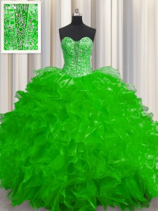 Low Price See Through Organza Sleeveless Floor Length Quinceanera Gown and Beading and Ruffles