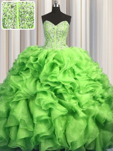 Visible Boning Brush Train Green Lace Up Sweetheart Beading and Ruffles Quinceanera Gowns Organza Sleeveless Sweep Train
