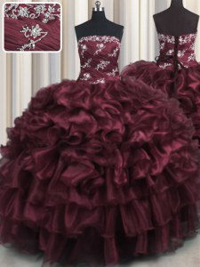 Delicate Wine Red Organza Lace Up Strapless Sleeveless Floor Length Sweet 16 Quinceanera Dress Appliques and Ruffles and Ruffled Layers