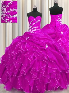 Fuchsia Ball Gowns Beading and Appliques and Ruffles Quinceanera Dresses Lace Up Organza Sleeveless Floor Length