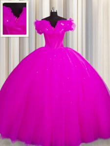 Gorgeous Off The Shoulder With Train Ball Gowns Short Sleeves Fuchsia Quinceanera Gown Court Train Lace Up