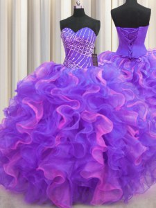 Organza Sleeveless High Low 15 Quinceanera Dress and Beading and Ruffles