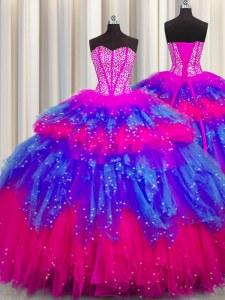 Nice Bling-bling Visible Boning Sleeveless Tulle Floor Length Lace Up Sweet 16 Quinceanera Dress in Multi-color with Beading and Ruffles and Ruffled Layers and Sequins