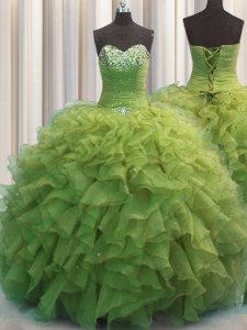 Eye-catching Beaded Bust Olive Green Sleeveless Beading and Ruffles Floor Length Ball Gown Prom Dress