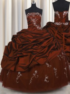 Embroidery Burgundy Lace Up Strapless Beading and Appliques and Pick Ups Vestidos de Quinceanera Taffeta Sleeveless