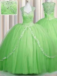 Artistic See Through Brush Train Cap Sleeves With Train Beading and Appliques Zipper Sweet 16 Quinceanera Dress