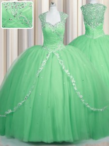 Perfect Apple Green Zipper Sweetheart Beading and Appliques Ball Gown Prom Dress Tulle Cap Sleeves Brush Train