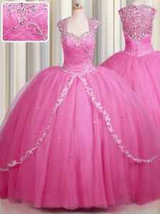 Super Zipper Up Rose Pink Zipper Sweet 16 Dress Beading and Appliques Cap Sleeves With Brush Train