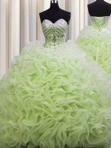 Enchanting Brush Train Yellow Green Ball Gowns Fabric With Rolling Flowers Sweetheart Sleeveless Beading and Pick Ups Floor Length Lace Up Sweet 16 Dress