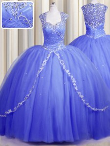 Inexpensive Zipper Up Cap Sleeves With Train Beading and Appliques Zipper Sweet 16 Quinceanera Dress with Blue Brush Train