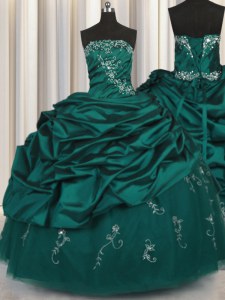 Fashionable Peacock Green Ball Gowns Taffeta Strapless Sleeveless Beading and Appliques and Embroidery and Pick Ups Floor Length Lace Up Quinceanera Dresses