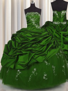 Glittering Pick Ups Embroidery Ball Gowns Quinceanera Gown Green Strapless Taffeta Sleeveless Floor Length Lace Up