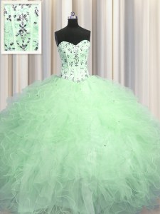 Visible Boning Apple Green Ball Gowns Sweetheart Sleeveless Tulle Floor Length Lace Up Beading and Appliques and Ruffles Sweet 16 Dress