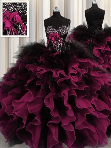 Floor Length Red And Black Quinceanera Gowns Organza and Tulle Sleeveless Beading and Ruffles