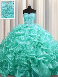 Pretty Aqua Blue Sleeveless Court Train Beading and Pick Ups With Train Quinceanera Gowns
