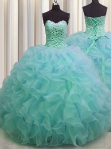 Green Sleeveless Floor Length Beading and Ruffles Lace Up Quinceanera Dresses