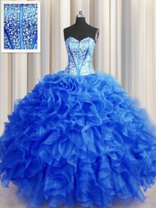 Elegant Visible Boning Beaded Bodice Sleeveless Beading and Ruffles Lace Up Quince Ball Gowns
