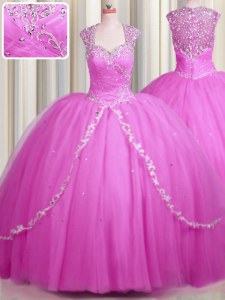 Superior See Through With Train Hot Pink Ball Gown Prom Dress Sweetheart Cap Sleeves Brush Train Zipper