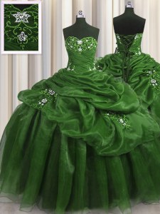 Pretty Sweetheart Sleeveless Quinceanera Gown Floor Length Beading and Appliques and Pick Ups Green Organza