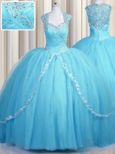 Eye-catching See Through Cap Sleeves Brush Train Zipper With Train Beading and Appliques Sweet 16 Quinceanera Dress