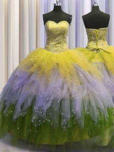 Visible Boning Multi-color Lace Up Sweetheart Beading and Ruffles and Sequins Quince Ball Gowns Tulle Sleeveless