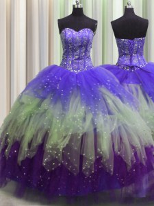 Visible Boning Multi-color Ball Gowns Beading and Ruffles and Sequins Quinceanera Gowns Lace Up Tulle Sleeveless Floor Length