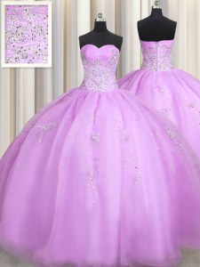 Suitable Floor Length Zipper Quince Ball Gowns Lilac for Military Ball and Sweet 16 and Quinceanera with Beading and Appliques