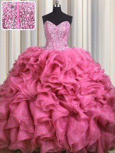 Visible Boning Bling-bling Sleeveless Brush Train Lace Up With Train Beading and Ruffles Ball Gown Prom Dress