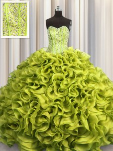 Charming Visible Boning Floor Length Lace Up Vestidos de Quinceanera Olive Green for Military Ball and Sweet 16 and Quinceanera with Beading and Ruffles